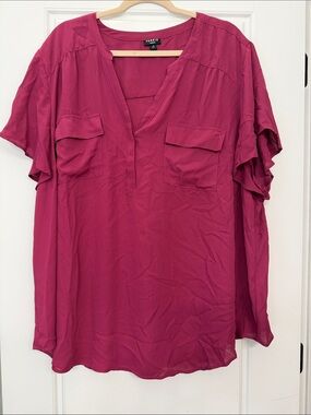 torrid Magenta V-Neck Flutter Sleeve Blouse with Front Pockets